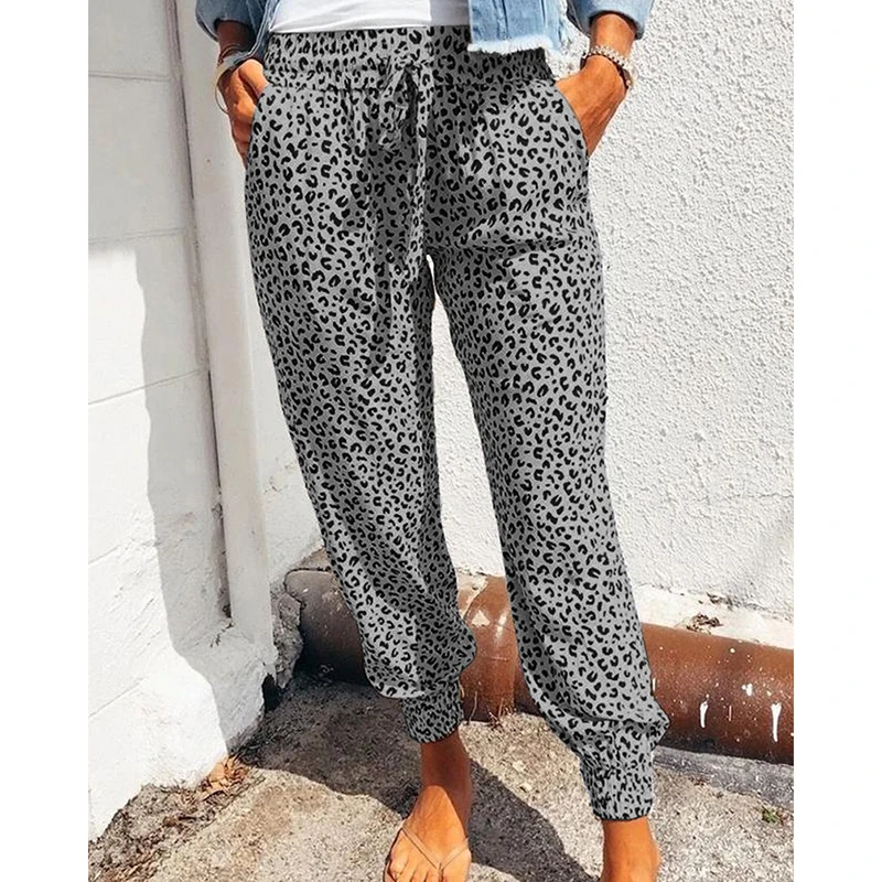 Description Picture 4 of itemWomen Leopard Printed Trousers Loose Lace-up Waist Long Pants with Pockets For Daily Summer Spring Fall Pencil Pant Streetwear