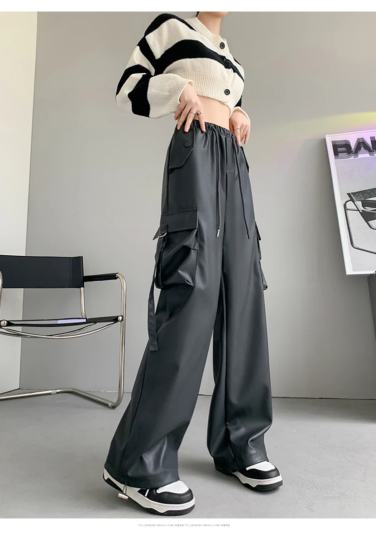 Description Picture 3 of itemLeather Cargo Pants Women 2023 Autumn New High Waisted Drawstring Pockets Wide Leg Pant Fashion Streetwear Loose Solid Trousers