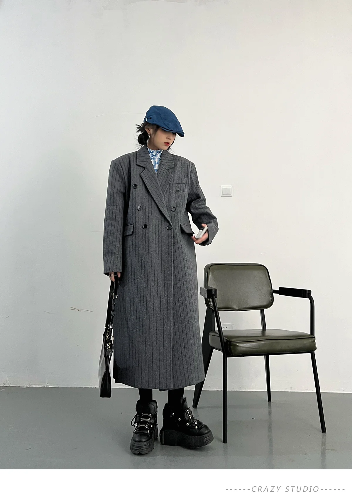 Description Picture 4 of itemBZVW Vintage England Style High-end Overcoat Women's 2023 Temperament Mid-length Striped Coat Female Autumn Winter New 25X2155