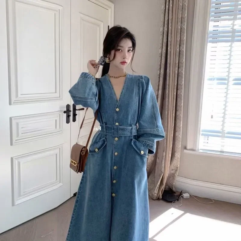 Description Picture 4 of item2023 Spring Autumn New Korean Fashion Cowboy Woman Dress LOOSE Blue Temperament Elegant French Long Sleeved A-line Dresses