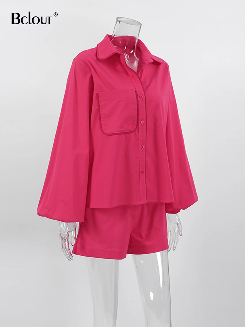 Description Picture 6 of itemBclout Summer Patchwork Linen Shorts Sets Women 2 Pieces Fashion Pink Lantern Sleeve Thin Blouses Vacation Straight Shorts Suits