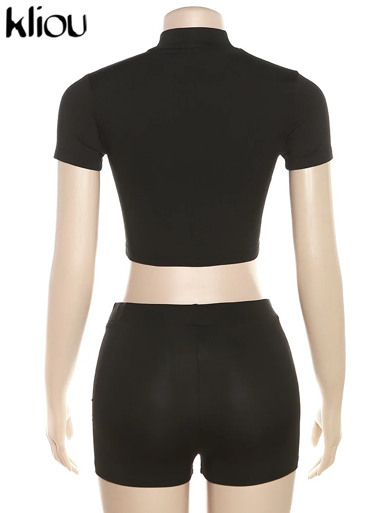 Description Picture 4 of itemKliou Letter Applique Solid Two Pieces Set Women Sporty Crew Neck Crop Tops + High Waist Shorts Lady Minimalist Activewear Suit