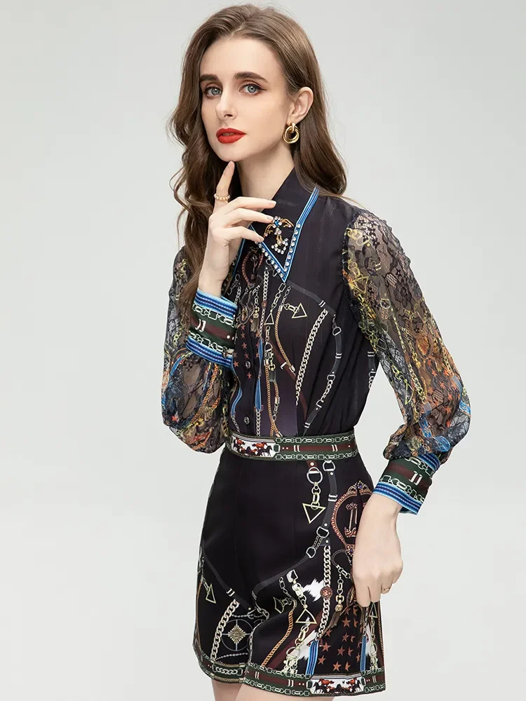 Description Picture 5 of itemMARYYIMEI Fashion Designer Summer Women's Turn-down Collar Lace Long Sleeve Printing Single Breasted Two Pieces Set