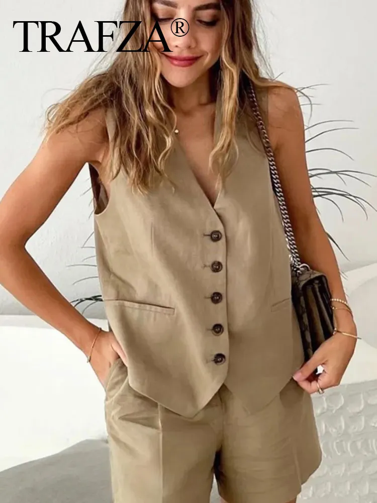 Description Picture 5 of itemTRAFZA 2023 Women Elegant Solid Button Sleeveless Linen Shorts Set Vintage Casual V Neck Chic Vest Set Women's Office Lady Suit