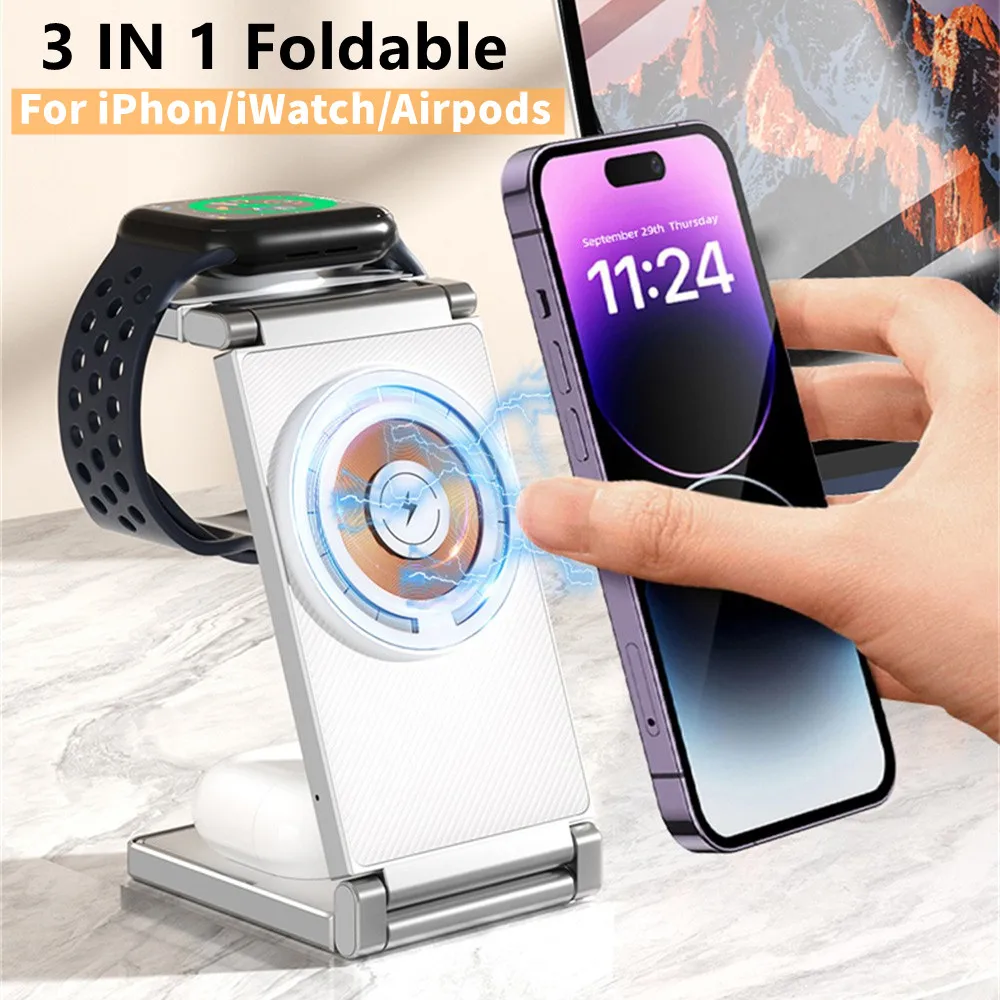 Newest 3 IN 1 Magnetic Wireless Charger Station For iPhone 14 13 12 Pro Max Fast Charging Dock For Airpods Pro Apple Watch 8 7 6