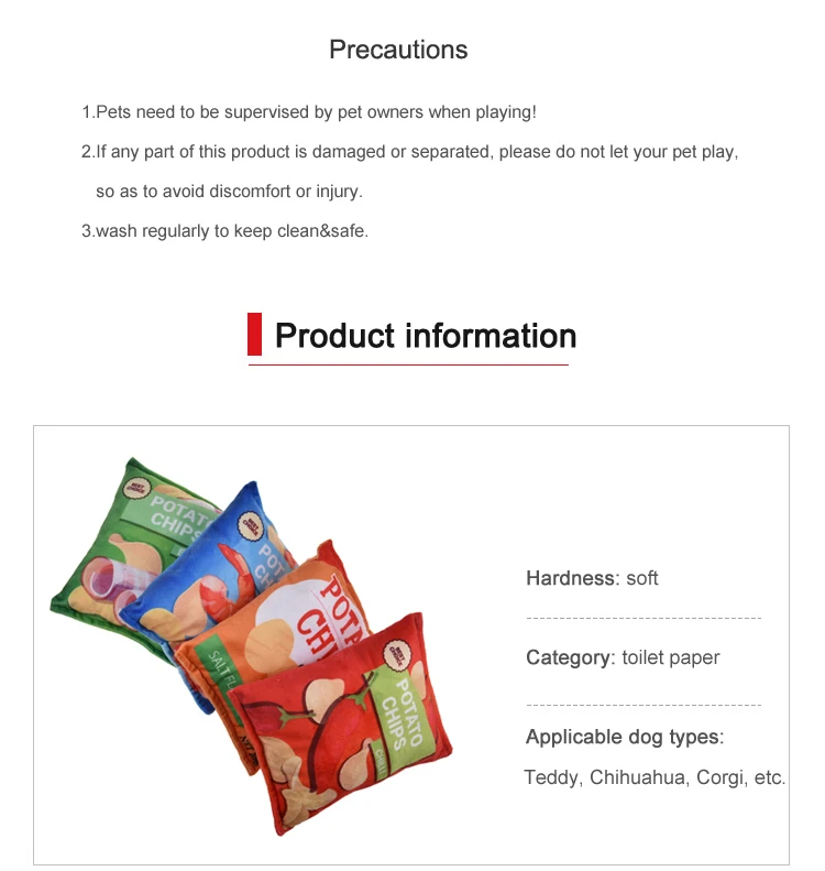 Description Picture 4 of itemSqueaky Dogs Toy Potato Chips Bag Shaped Dog Chew Toys Soft Plush Interactive Doggy Cats Toys Plaything Pet Dog Accessories