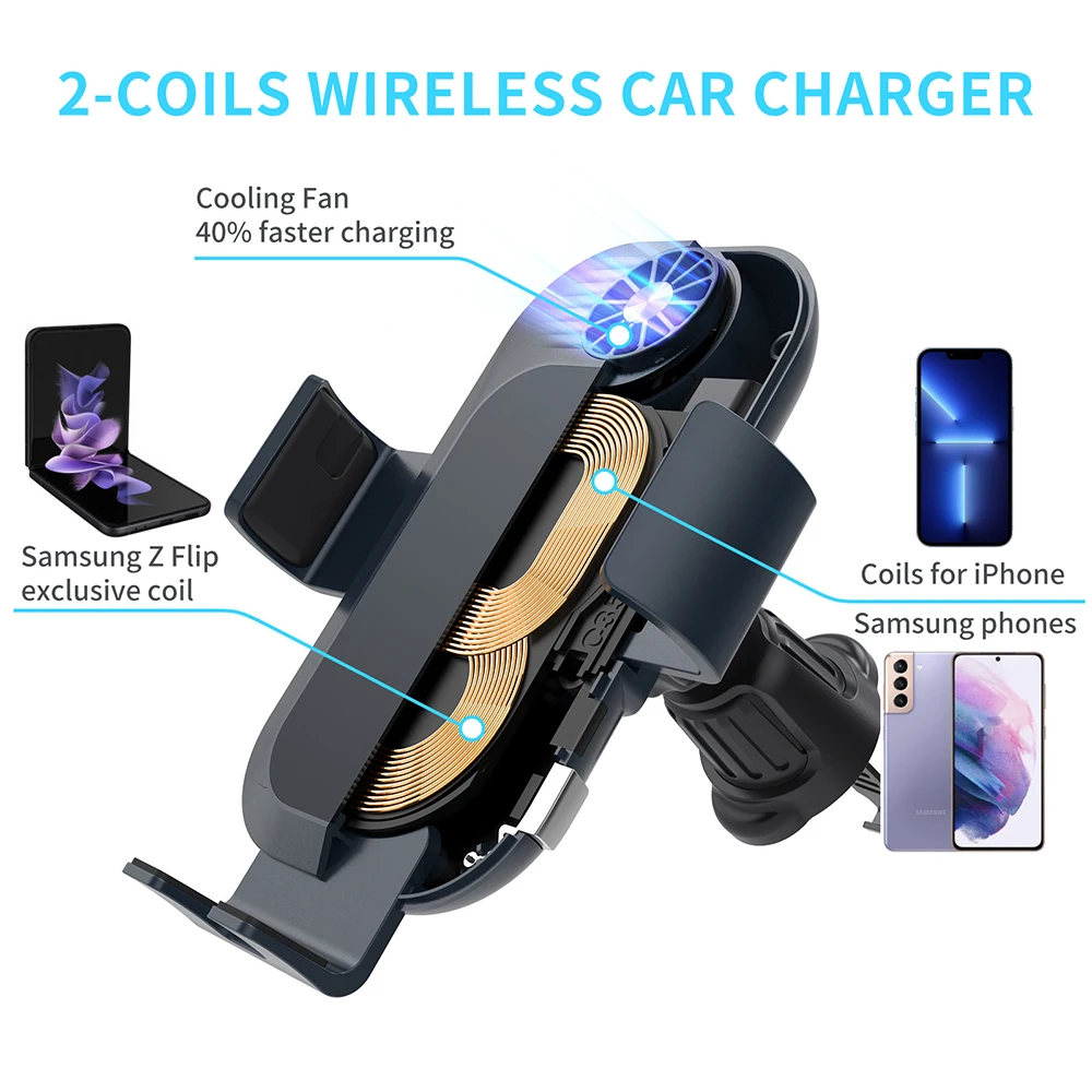 Bonola Automatic Clamping Car Wireless Charger with Cooler Fan for Samsung Z Flip 5 Phone GPS Navigation Wireless Chargers Mount