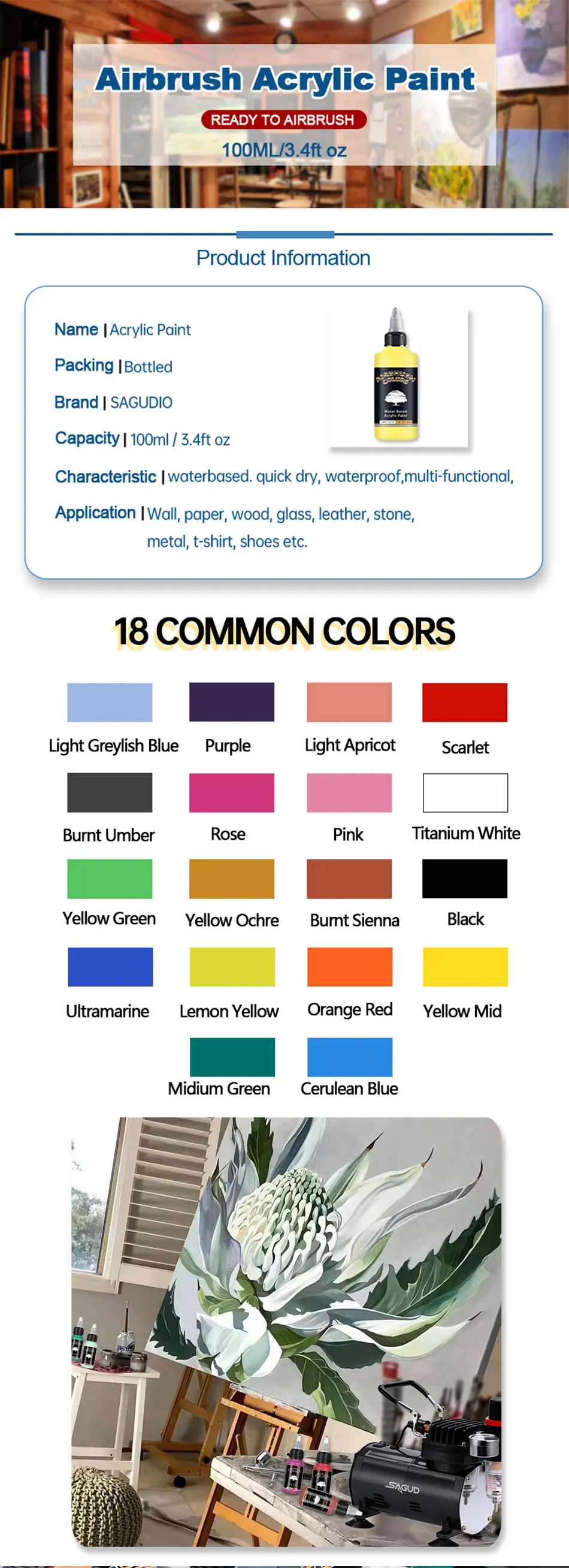 Description Picture 4 of itemSAGUD Airbrush Acrylic Paint DIY Handmade 100 ML/Bottle Airbrush Ink for Modeling Art Textile Shoes Wood Paintitng