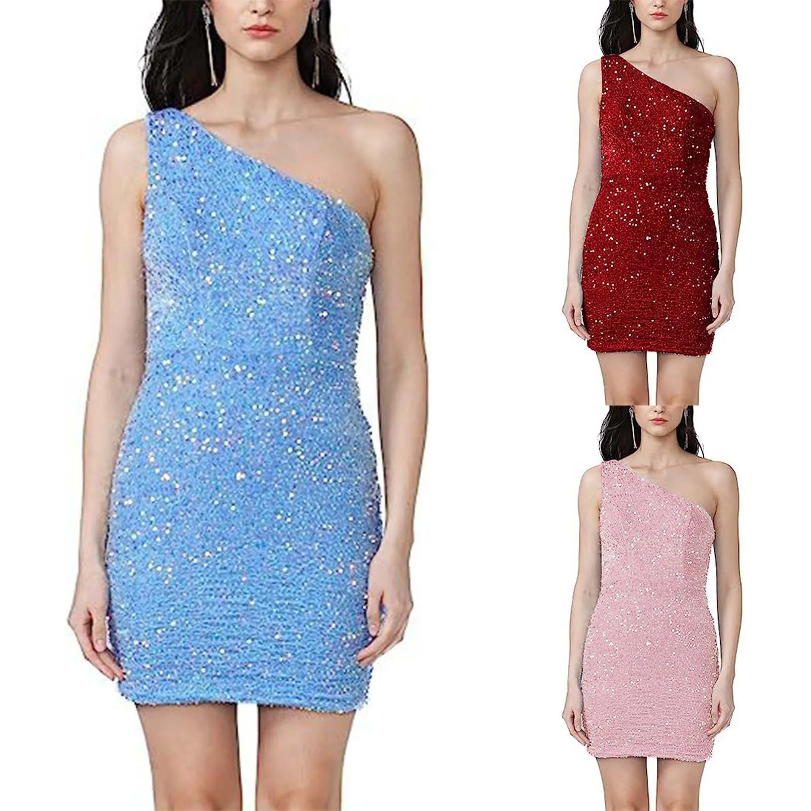 Description Picture 2 of itemSexy One Shoulder Sequin Dress Women Elegant Cocktail Evening Party Dresses Vestidos Ladies Glitter Sparkly Sequined Dress Robes