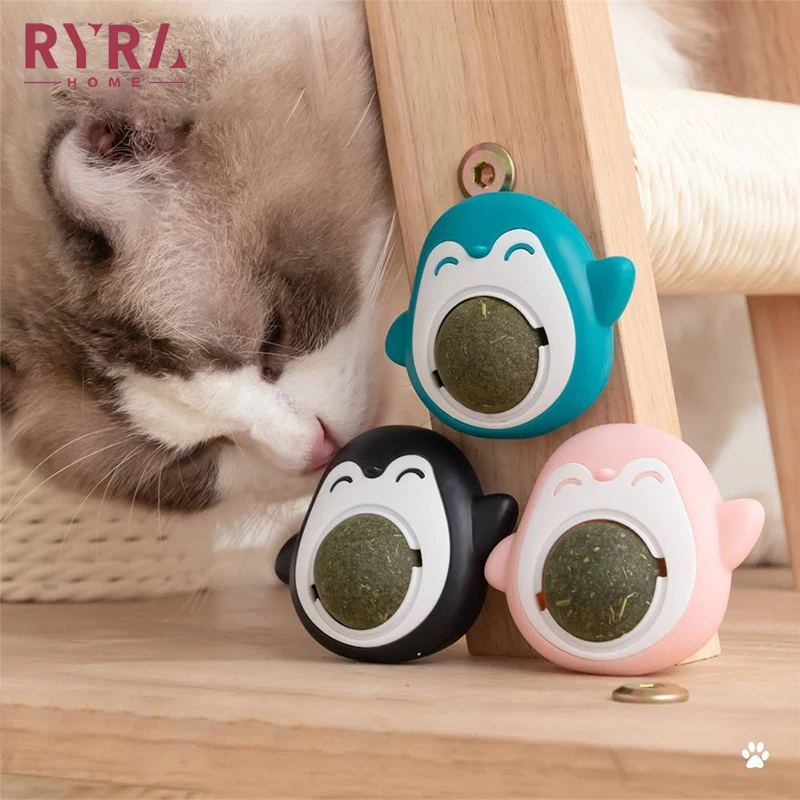 Penguin Cat Mint Balls Bite Resistant Self Hi Grinding Teeth Creative Cat Toy Safety Healthy Snack Rotatable Wall Stick-on Toy