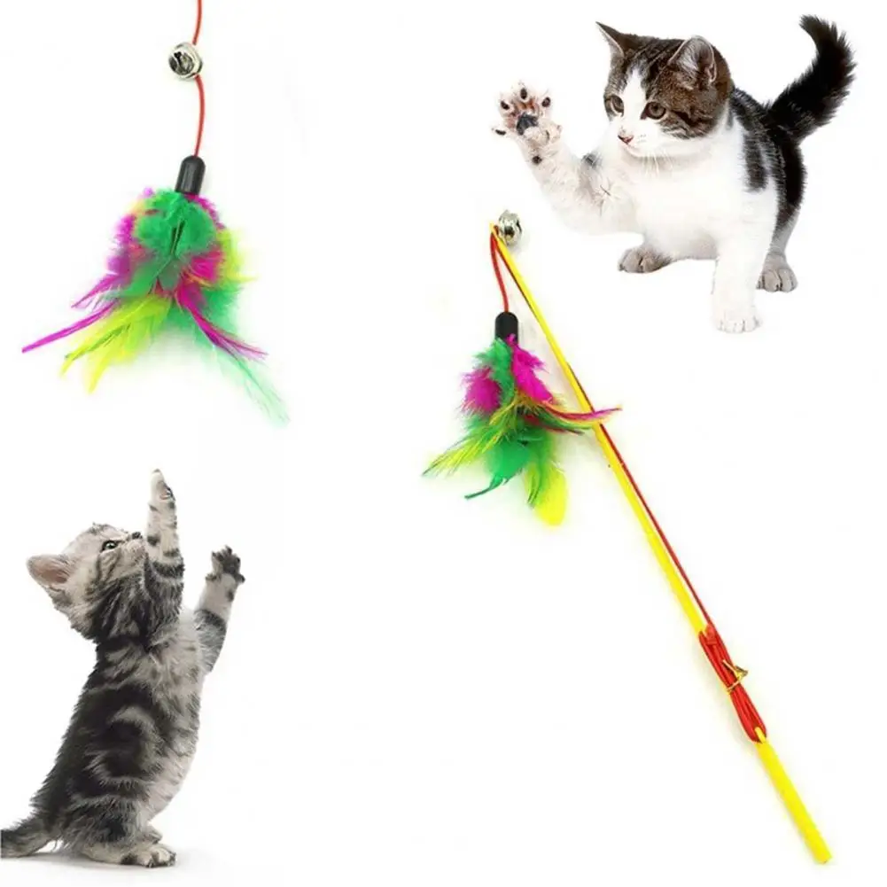 Cat Toys Interactive Funny Multicolor Color Feather Bells Cat Stick Pet Replacement Head Retractable Cat Stick Teaser Exercise