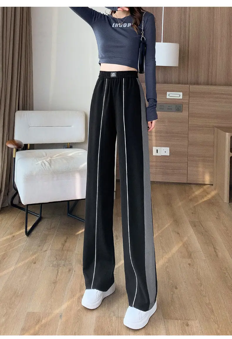 Casual Streetwear Loose Contrast Color Straight Wide Leg Trousers Female 2023 Summer Korean Fashion High Waist Baggy Pants Women