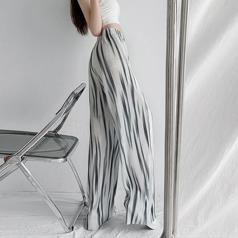 Korean Streetwear Harajuku Tie Dye Thin Ice Silk Straight Wide Leg Pants Women's Summer Casual Loose High Waist Pleated Trousers