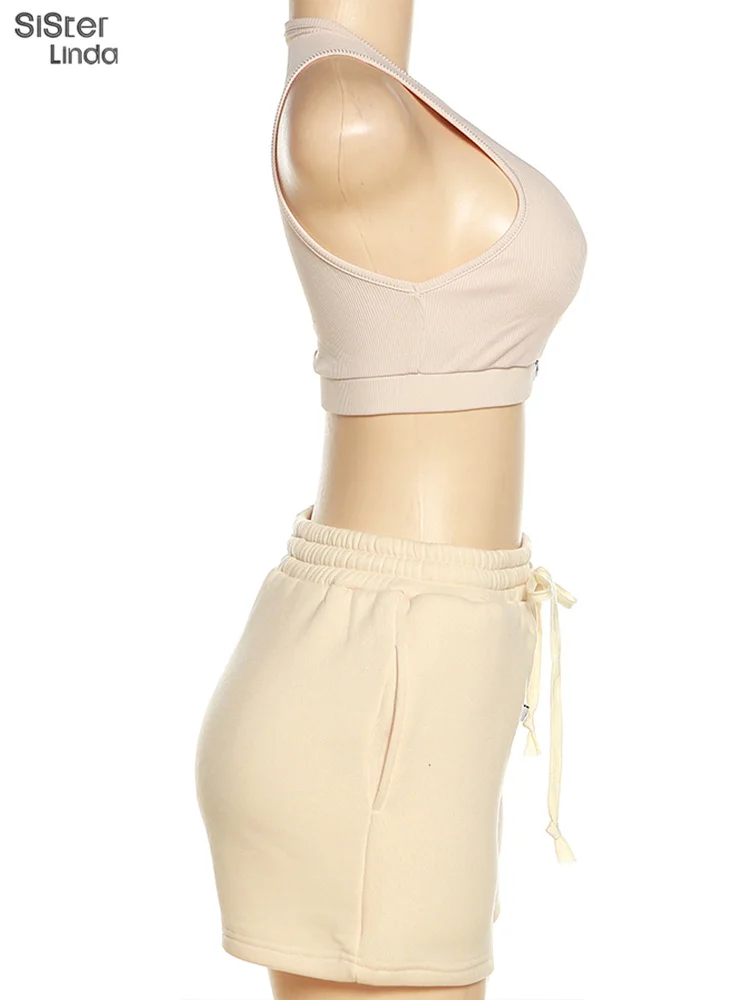 Description Picture 5 of itemSisterlinda Casual Sporty Women 2 Piece Tracksuit Set Ribbed Skinny Tank Tops Vests+Sweat Shorts Female Matching Stretch Outfits