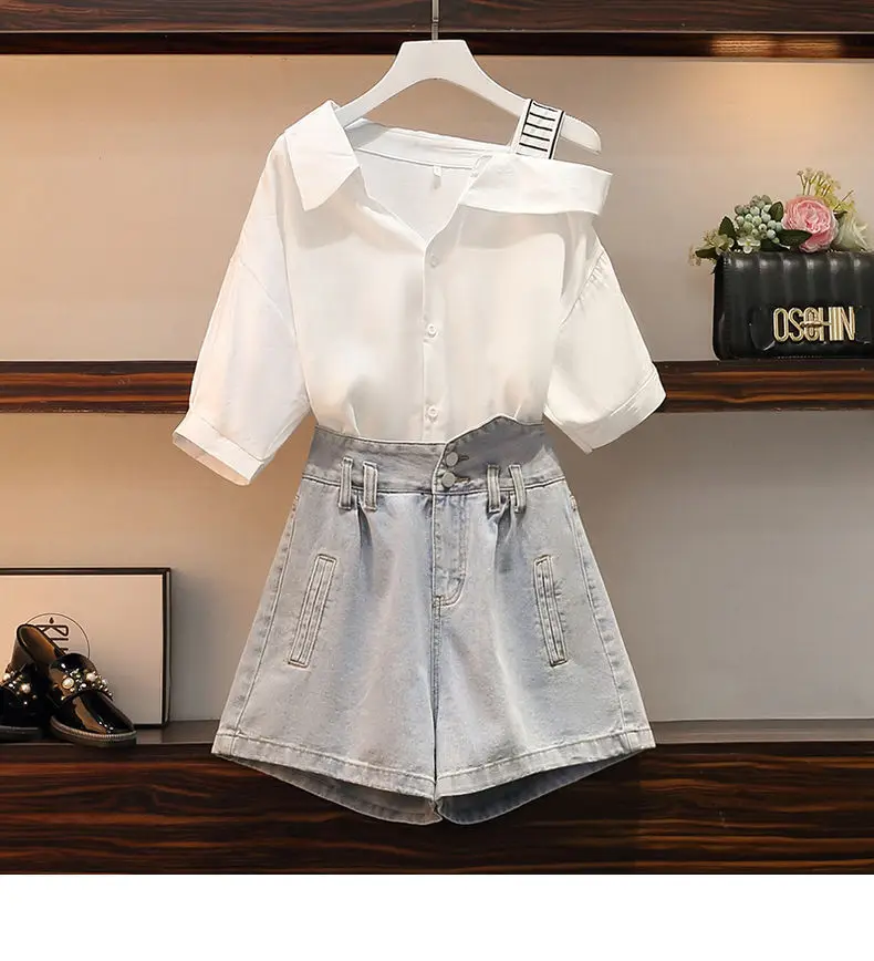 Description Picture 3 of itemWomen's Summer Suits Korean Elegant Off-the-Shoulder Tops Loose Jeans Two Pieces 2022 New Oversized Shirts Denim Shorts Set