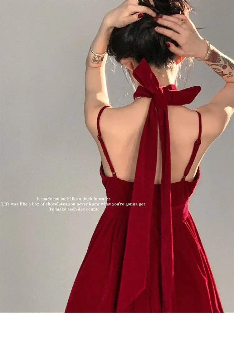 Description Picture 5 of item2023 Red Velvet Princess Mini Dress Women Fashion Elegnt High Waist Sexy Strap Dress Sweet Girls Christmas Party Retro Y2k Dress