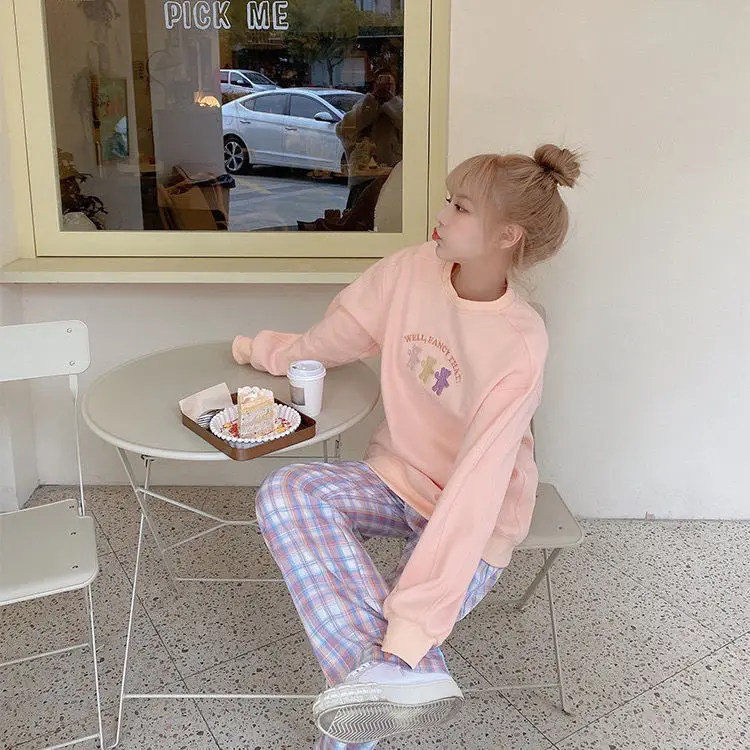 Description Picture 6 of itemCasual Pants Women Cute Japanese Sweet Lovely Kawaii High-waist Pink Elastic Straight Plaid Ins Loose Spring Autumn Streetwear