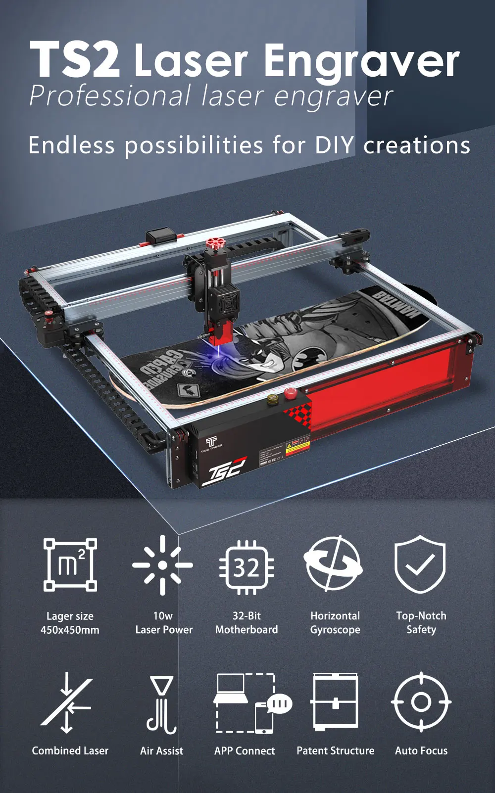 Description Picture 2 of itemTwotrees 80W TS2 Laser Engraver 450X450mm Laser Engraving Machine XY Axis Limit Switch Auto Focus With Gyroscope Laser Module