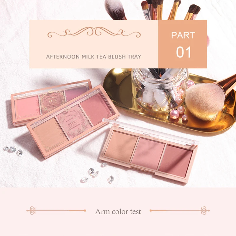 3 In 1 Milk Tea Blush Peach Pallete 3 Colors Face Mineral Pigment Cheek Blusher Powder Makeup Contour Shadow Blush with Brush