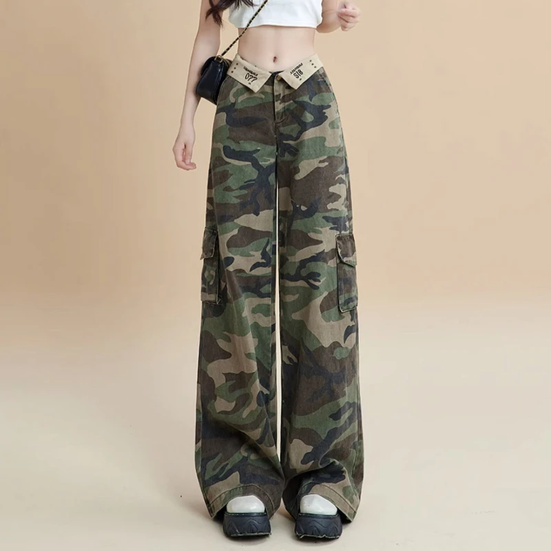 HOUZHOU Y2K Camo Cargo Pants Women Low Waist Pockets Camouflage Cargo Trousers Female Clothing Fashion Streetwear Hip Hop