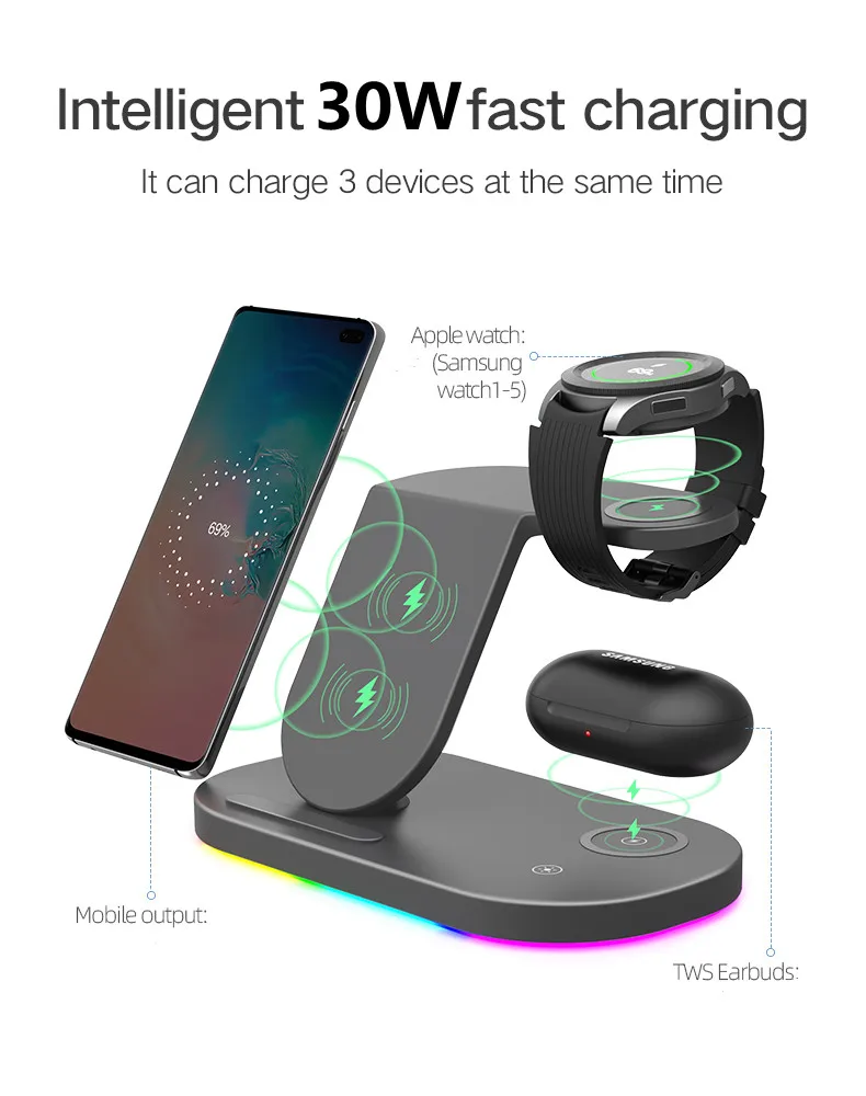 Description Picture 5 of item30W 3 In 1 RGB Light Wireless Charger Stand For Samsung Fold 4 3 S22 Galaxy Watch 5/4 Active 2/1 Buds Fast Charging Dock Station
