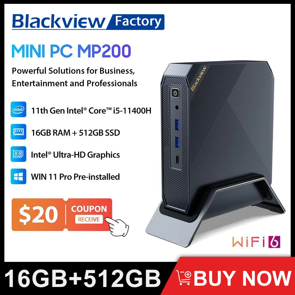 Blackview Mini PC MP200 Intel 11th Gen I5-11400H Desktop Computer Up To 4.5GHz 16GB DDR4 512GB SSD Window 11 Pro Wifi 6 4K DH PC