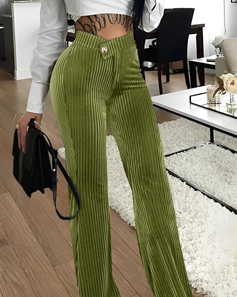 Description Picture 3 of itemCM.YAYA Women Streetwear Corduroy Zipper Fly V-low Waist Straight Wide Leg Trousers 2023 Autumn Winter Fashion Pants