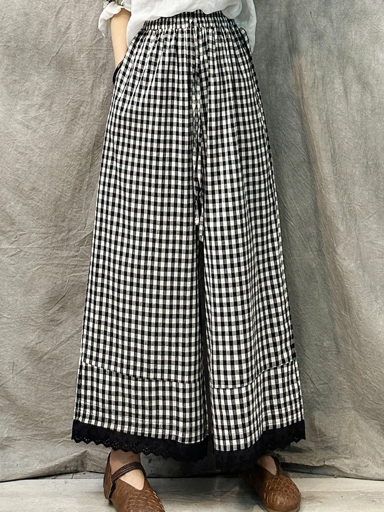 Description Picture 3 of itemSummer Women Wide Leg Pant High Waist Drawstring Loose Oversize Pant Plaid Trousers Skirt Pants Retro Casual Streetwear Ladies