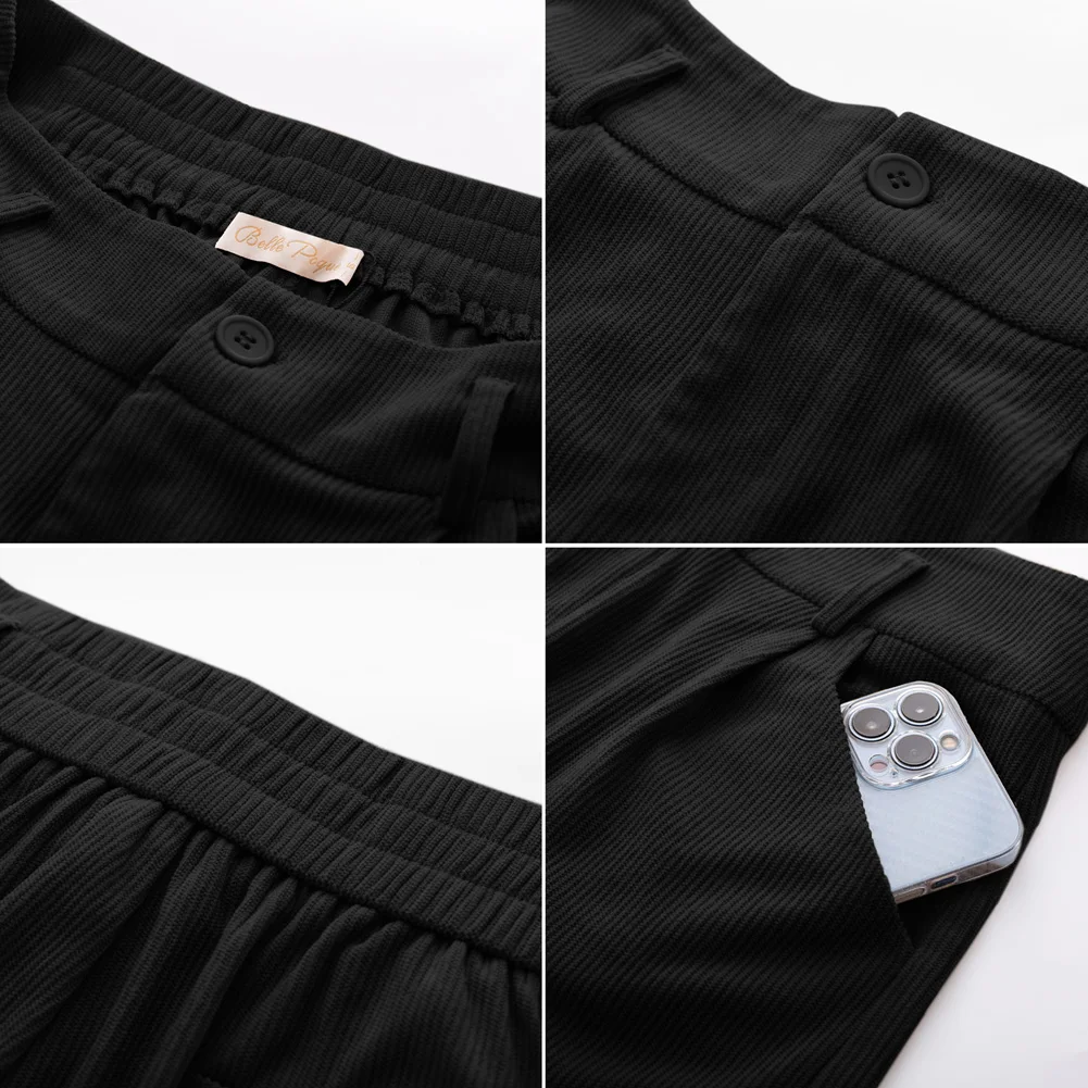 Description Picture 5 of itemBelle Poque Women Vintage Corduroy Shorts With Belt Summer Elastic High Waist Wide Leg Short Pants Elegant Lady Bermuda Shorts