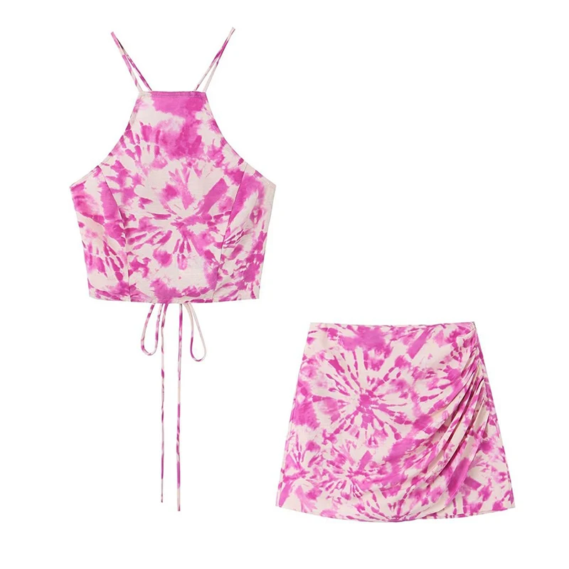 Description Picture 2 of itemTie-Dyed Shorts Set For Women 2023 Summer Bandage Camisole  A-Line Skirt Pants Suit Female Pleated 2 Piece Sets Women Outfit