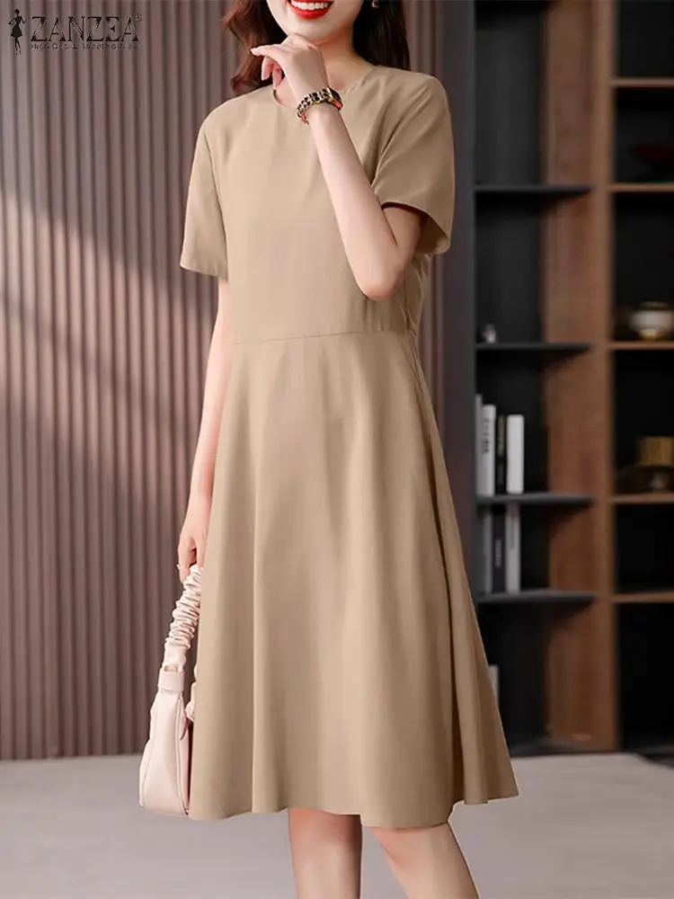ZANZEA Fashion OL Work Vestidos Oversized Woman Vintage Solid Dress Short Sleeve O-Neck Sundress Casual Party A Line Dresses