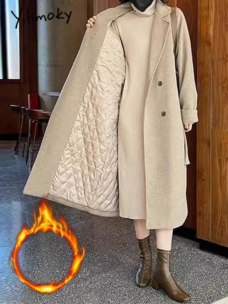 Yitimoky Thicken Warm Wool Coat Women 2023 New Vintage Double Breasted Long Jackets Casual Loose Turn Down Collar Winter Coat