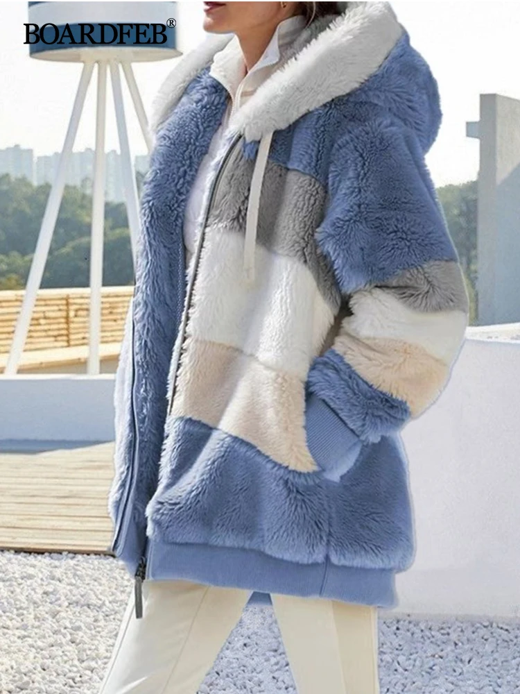 Womens Fuzzy Fleece Jacket Hooded Zipper Color Block Soft Full Casual Faux Fur Patchwork Long Sleeve Outerwear Coats with Pocket