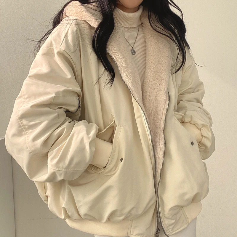 Description Picture 6 of itemWinter Women Thicken Warm Hooded Coat Oversized Kawaii Double Sided Cotton Y2k Zip Up Jacket Fashion Casual Loose Women's Wear