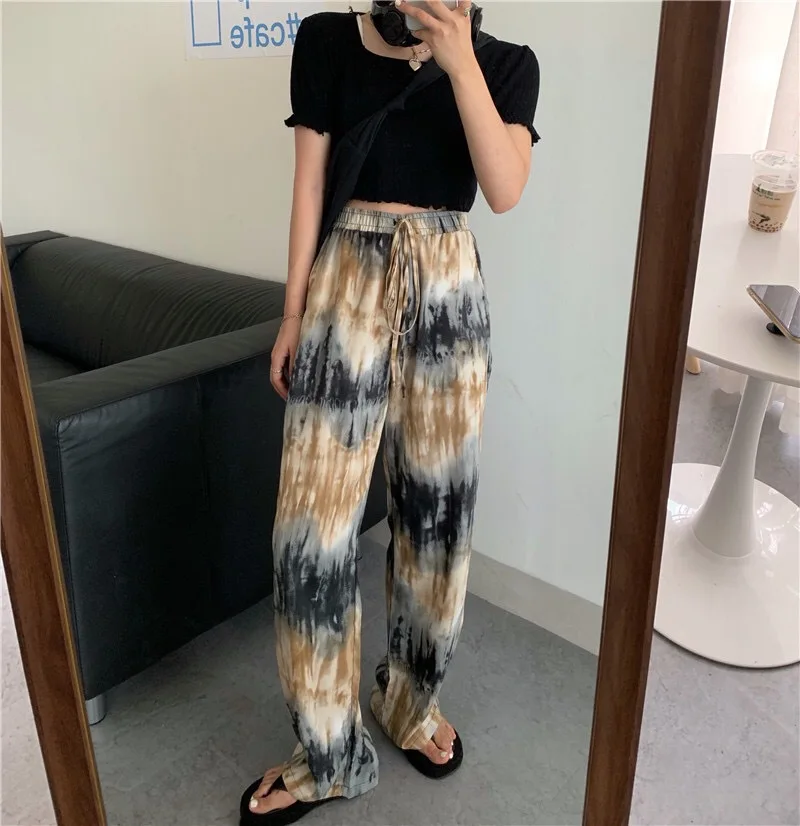 Description Picture 3 of itemCasual Yellow Tie Dye Printed Vintage Pants Women Elegant High Waist Trousers Ladies Straight Wid LegJoggers Y2K Streetwear 2021