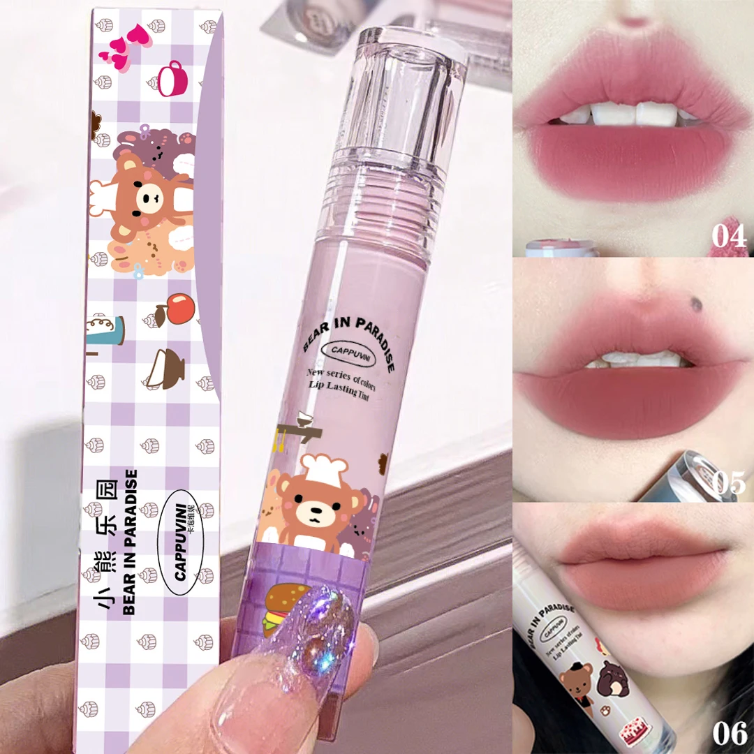 Velvet Matte Lipstick Blush Waterproof Long Lasting Cute Bear Lipgloss Non-Stick Cup Makeup Lip Tint Mud Cosmetic Kit Gift