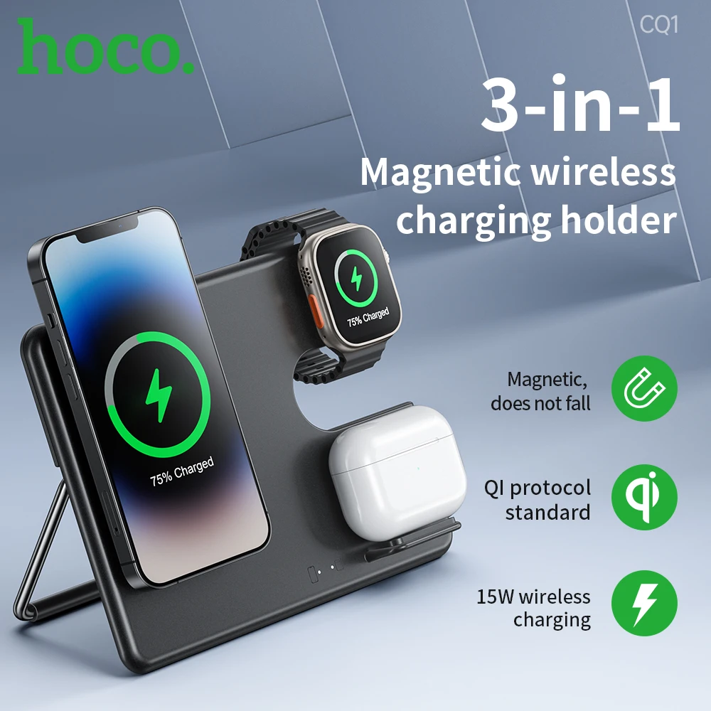 Description Picture 2 of itemHOCO 3-in-1 Qi Magnetic Wireless Charger For iPhone 14 13 12 Pro Max Wireless Charging Station For Apple Watch 1-8 SE/SE2 Ultra