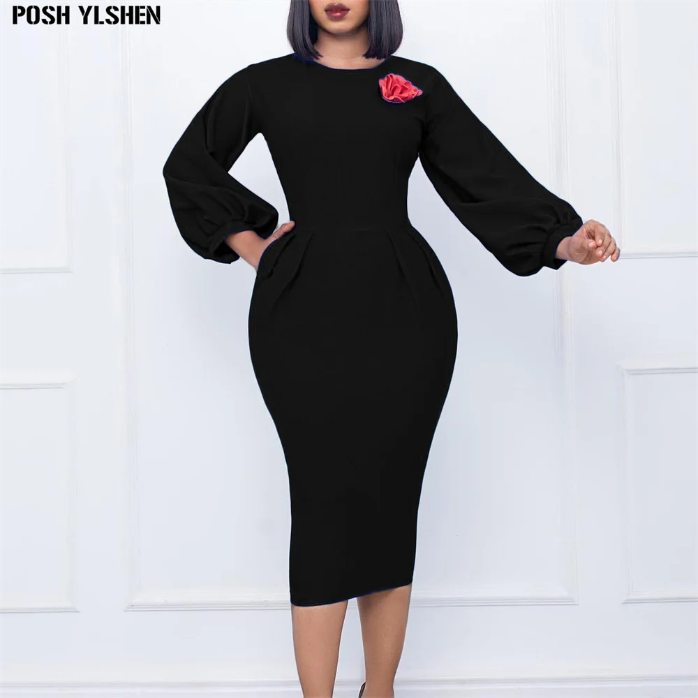 Description Picture 4 of itemElegant African Bodycon Women Dress Puff Sleeve High Waist Vestidos Sexy Slim Long Sleeve Robe Femme Office Lady Africa Clothing