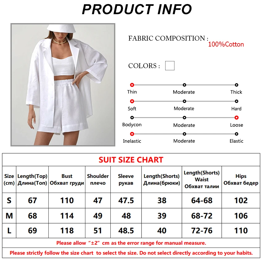 Description Picture 2 of itemBclout Summer White Linen Shorts Suits Women 2022 Long Sleeve Loose Top Casual Cotton Wide Leg Shorts Set 2 Pieces Outfits Women