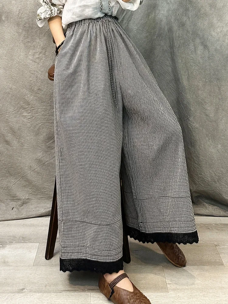 Description Picture 4 of itemSummer Women Wide Leg Pant High Waist Drawstring Loose Oversize Pant Plaid Trousers Skirt Pants Retro Casual Streetwear X148