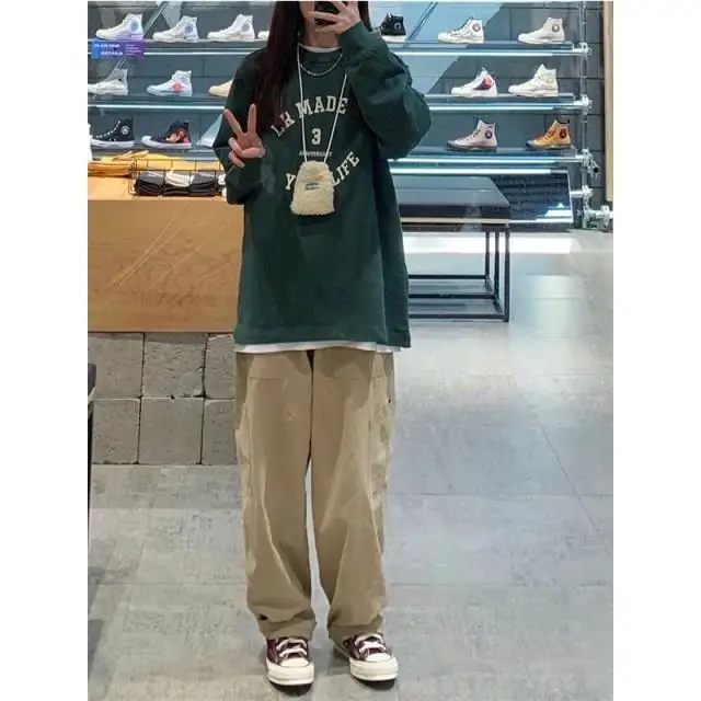 Description Picture 5 of itemVintage Cargo Pants Women Khaki Wide Leg Pants womens Harajuku Baggy Sweatpants Hip Hop Trousers Drawstring Streetwear Pantalon