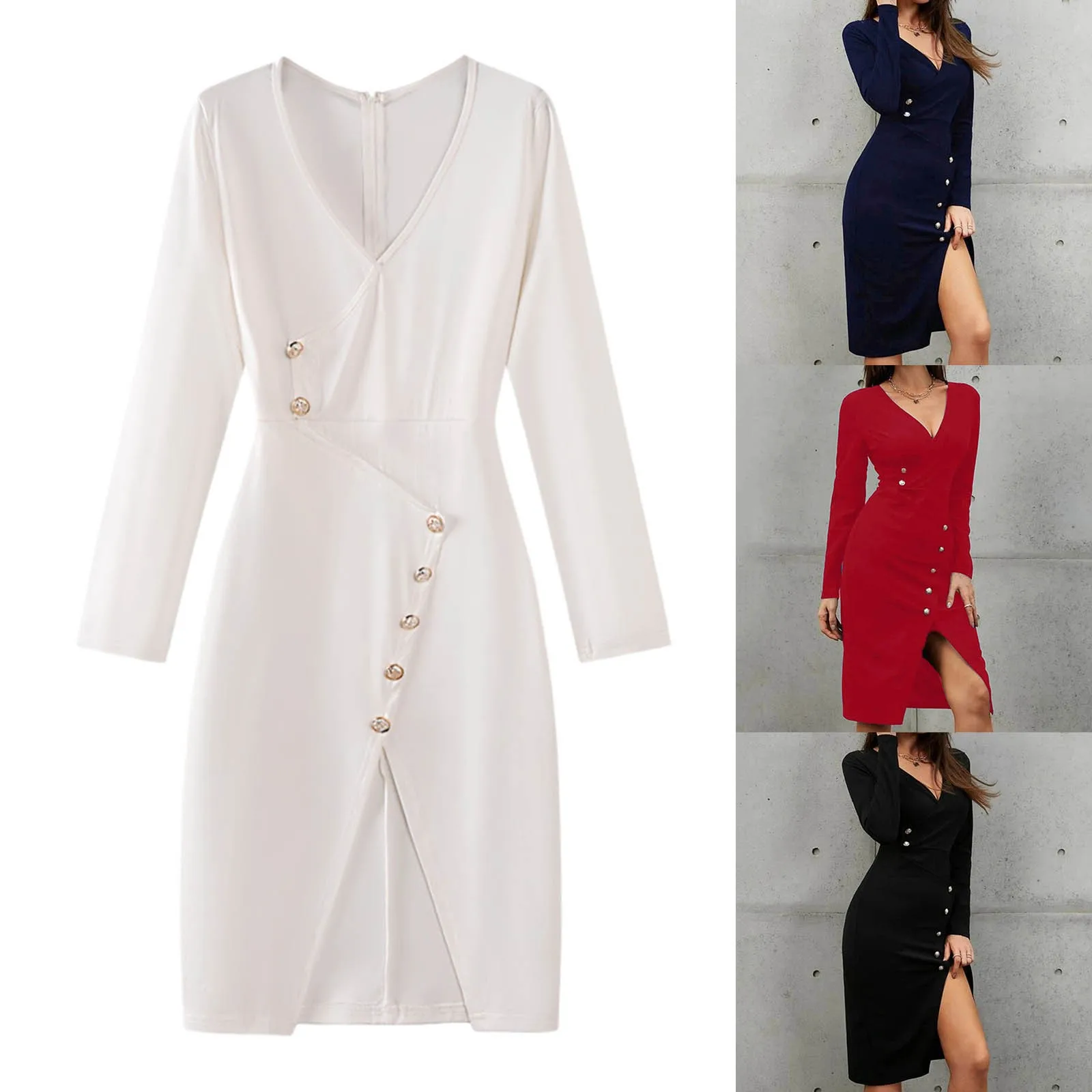 Description Picture 2 of itemLadies Commute Outfits Women Dresses Sexy Deep V Neck Slim Hip Split Long Sleeved Dress Buttons Sexy Dress For Office Spring