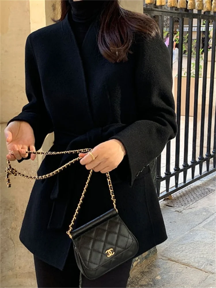 Description Picture 5 of itemSyiwidii French Vintage Wool Jacket for Women Fall Winter 2203 New Elegant Long Sleeve V Neck Bandage Chic Warm Casual Coats