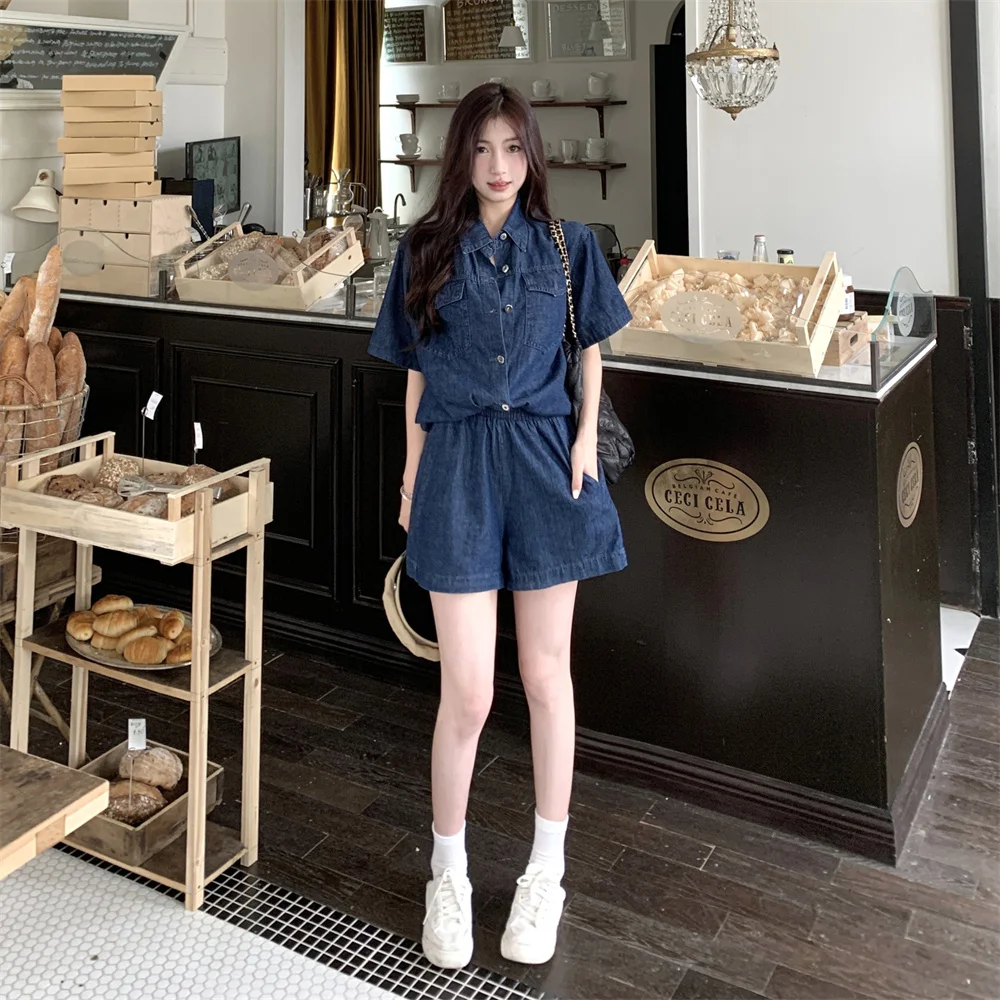 Description Picture 3 of itemSummer Women's Two-Pieces Sets Loose Thin Single Breasted Denim Shirt Coat Elastic High Waist Casual Solid Color Simple Shorts