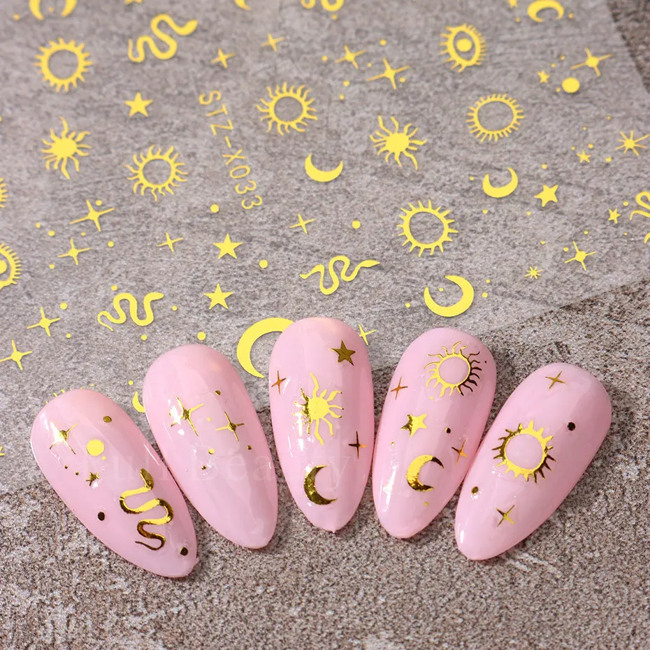Description Picture 4 of itemGold Bronzing Stickers for Nails Eyes Snake Sun Stars Moon Nail Design Silver Angel Wings Love Adhesive Slider Decoration