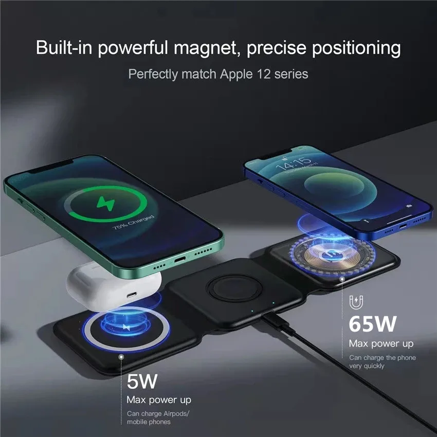 3 in 1 Magnetic Wireless Charger Pad Stand for iPhone 14 13 12 Pro Max Fast Charging Dock Station for Apple Watch AirPods