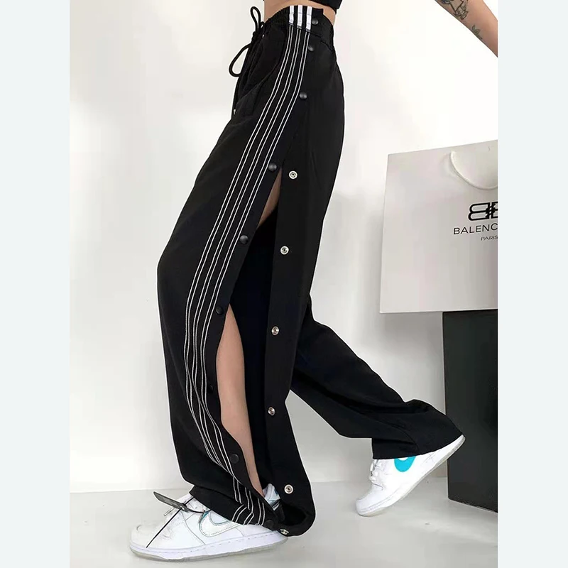 Description Picture 3 of itemGidyq Summer Striped Wide Leg Pants Women Fashion Breasted Loose Sweatpants Y2K Streetwear Female High Waist Straight Trousers