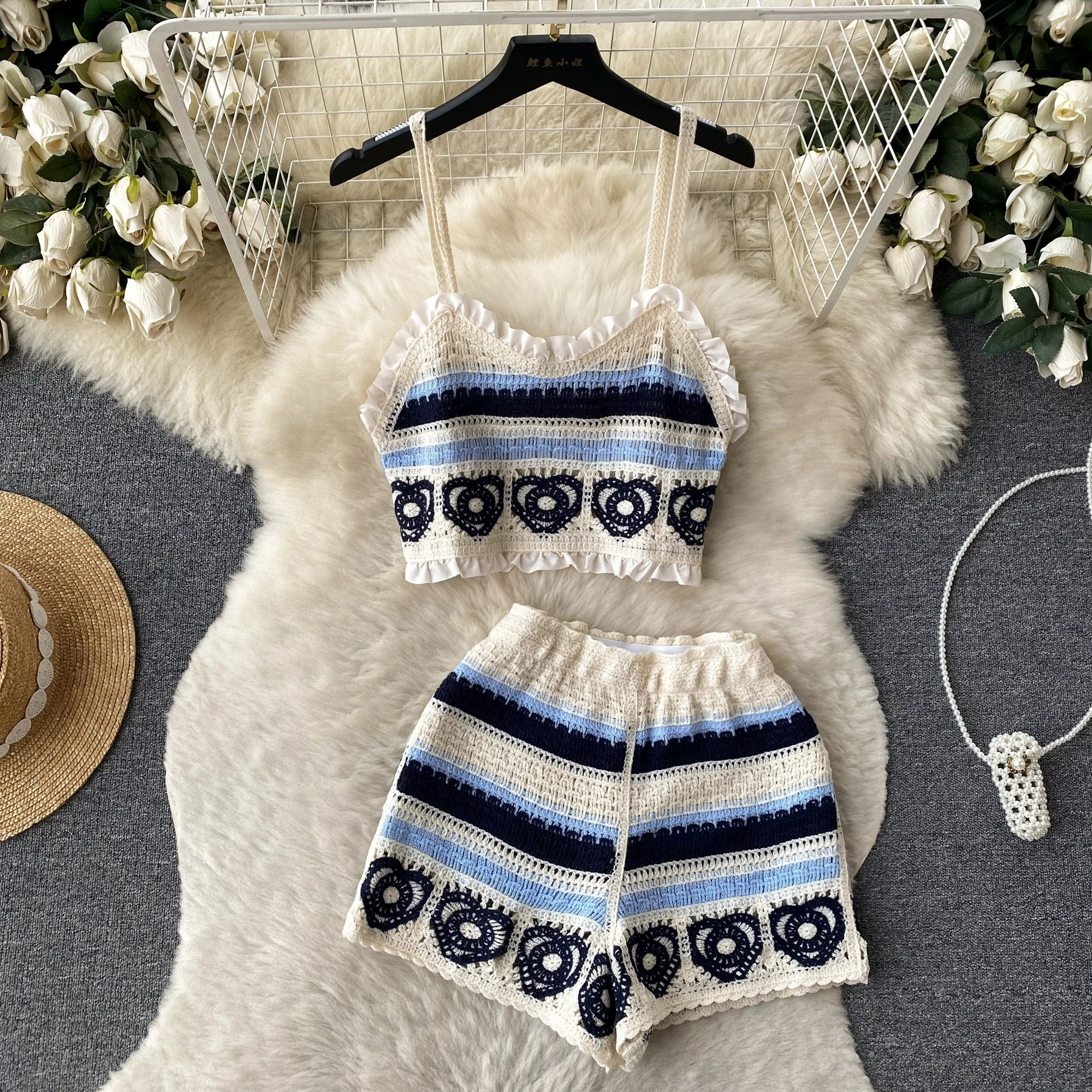 Description Picture 3 of itemSINGREINY Fashion Vacation Casual Two Pieces Women Short Camisole+ Hollow Out Wide Leg Shorts Sets Summer 2023 Knit Beach Suit