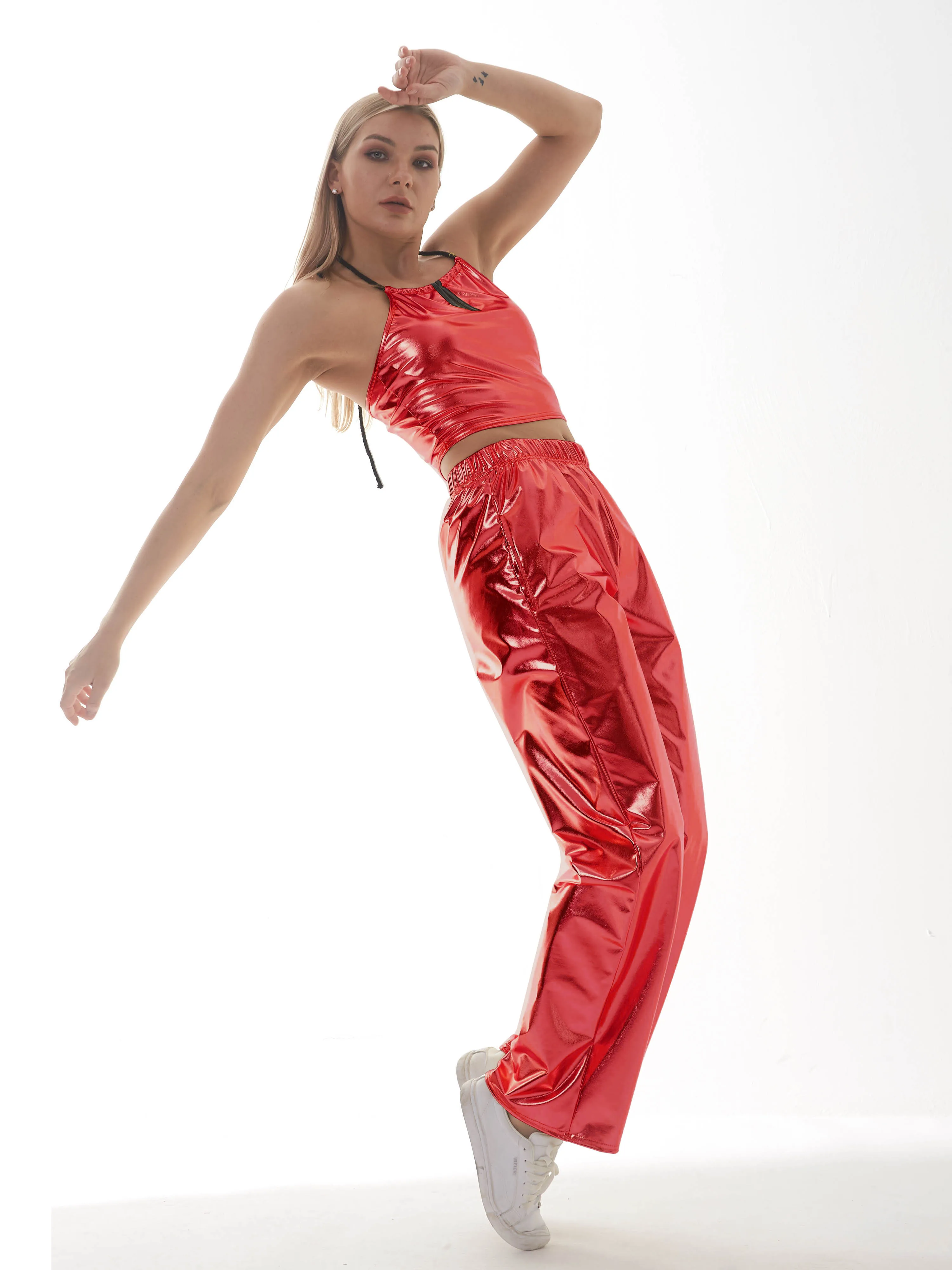 Description Picture 3 of itemWomen Shiny Hip Hop Trousers Laser Metallic Wetlook Wide Leg Pants Retro Disco Hippie Club Skinny Bell Bottoms Streetwear Adult