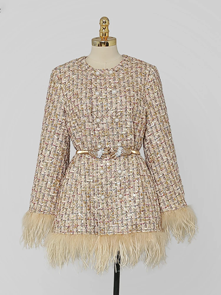 Description Picture 5 of itemDEAT Fashion Women's Woolen Coat Stand Collar Long Sleeve Belt Waist Spliced Feather Tweed Sequins Tops Winter 2023 New 13DB3778